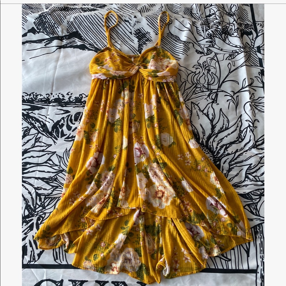 Free People Yellow Floral Dress Medium Tunic Mini